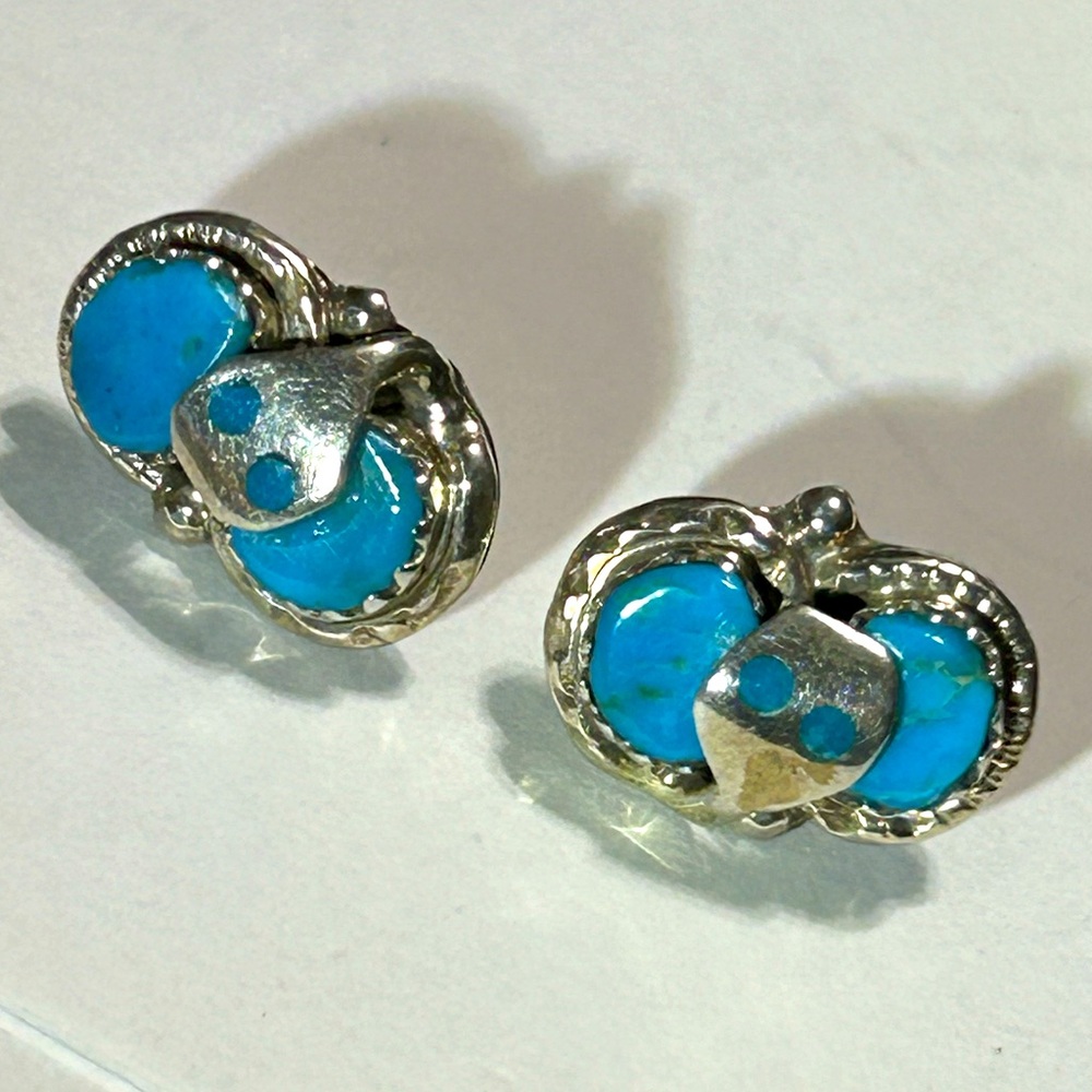 EFFIE C ZUNI 925 STERLING & SLEEPING BEAUTY(?) TURQUOISE RATTLESNAKE EARRINGS!